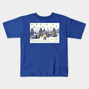 Winter landscape with blue houses Kids T-Shirt